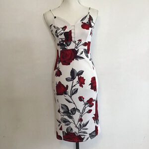 Haute Monde Women Elegant Midi Spaghetti Strap Dress M White Red Rose Floral